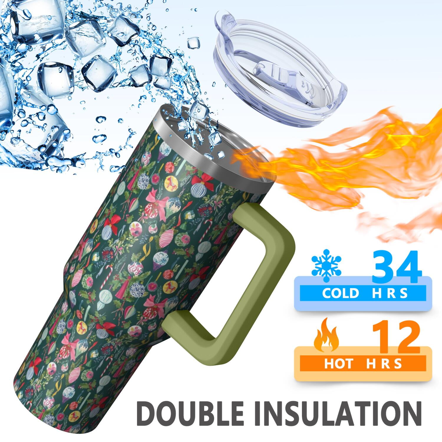 Dark Green Christmas Ornament Pattern Tumbler with Handle and Lid,40oz Double Wall Vacuum Insulated Tumbler,Cups Gift for Women and Men
