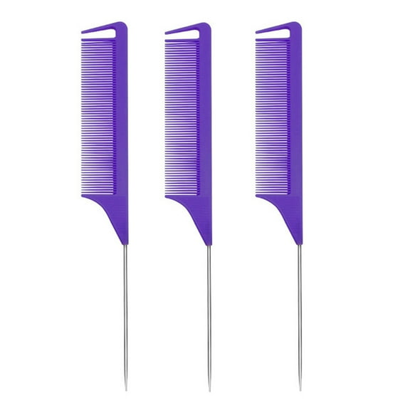 "3 Packs Rat Tail Comb, Fine-tooth Rattail Hair Comb, Stainless Steel Pintail, Heat Resistant Teasing Combs for Women Men - Purple"