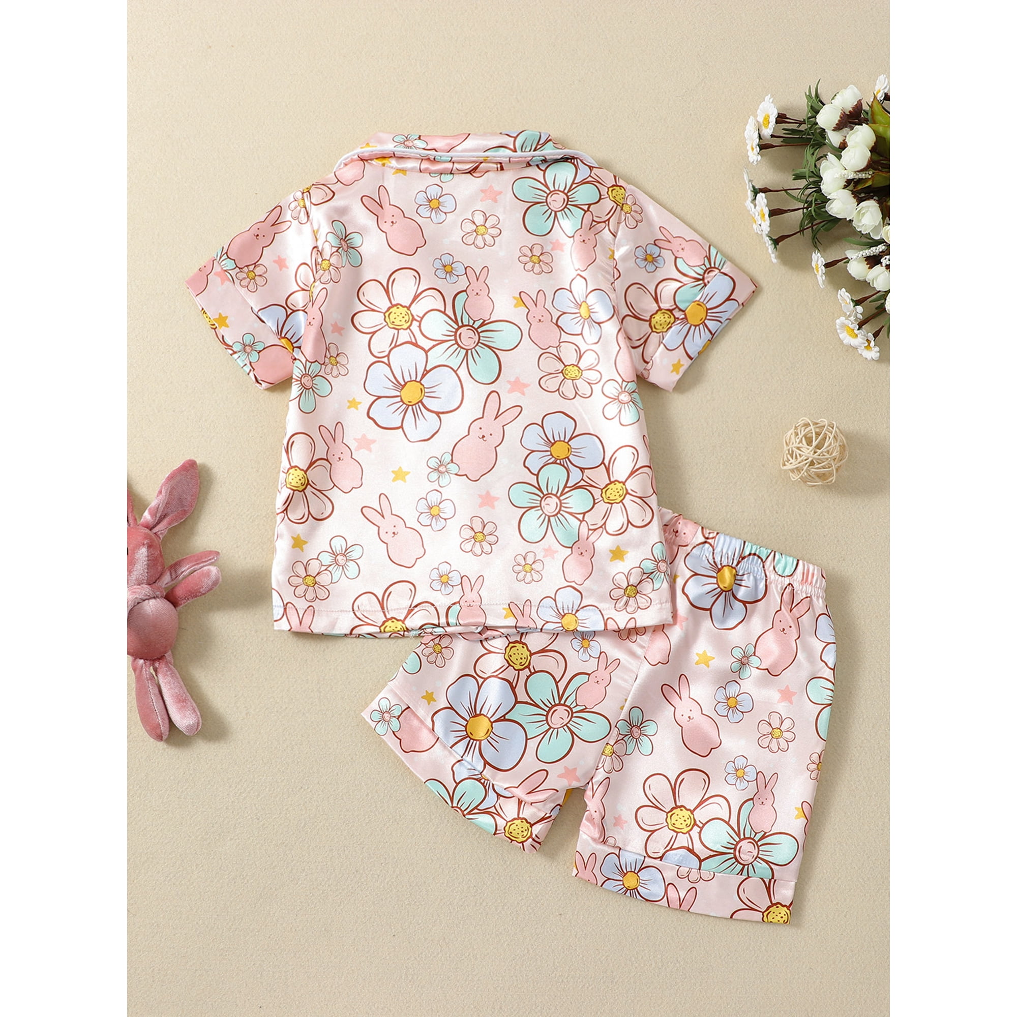 Faithtur 2Pcs Girls Easter Pajamas Set Short Sleeve Floral Print Button Shirts and Shorts Set Sleepwear Walmart