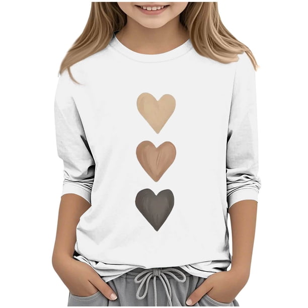 Blusas y camisas de cuello redondo y manga larga para niños, blusas/camisas de poliéster con estampado de corazones, mangas 3/4 y cuello redondo, elegantes e informales.