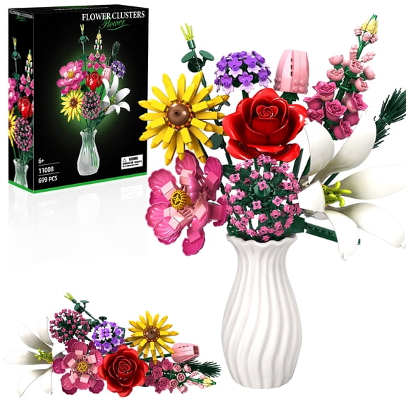 Flower Bouquet Building Set, 699 Psc Bouquet Compatible with Lego, Artificial Flowers Arrangement Building Toys,Office Home Decoration, Valentine Day, Birthday for Women(No Vase)-699Pcs