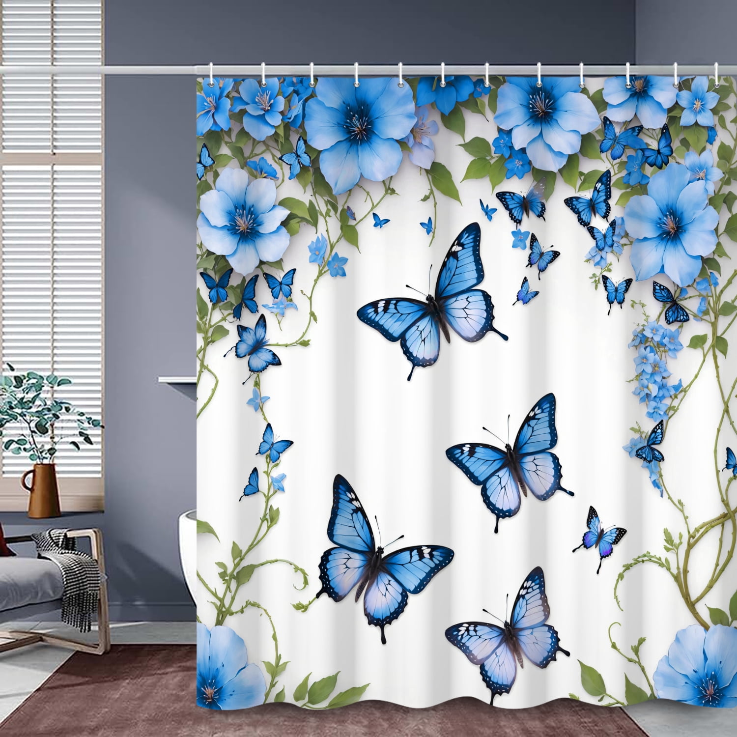 SUNOLIFE Blue Butterfly Shower Curtain，Spring Floral Fabric Bathroom Curtain with Hooks,72x78 in