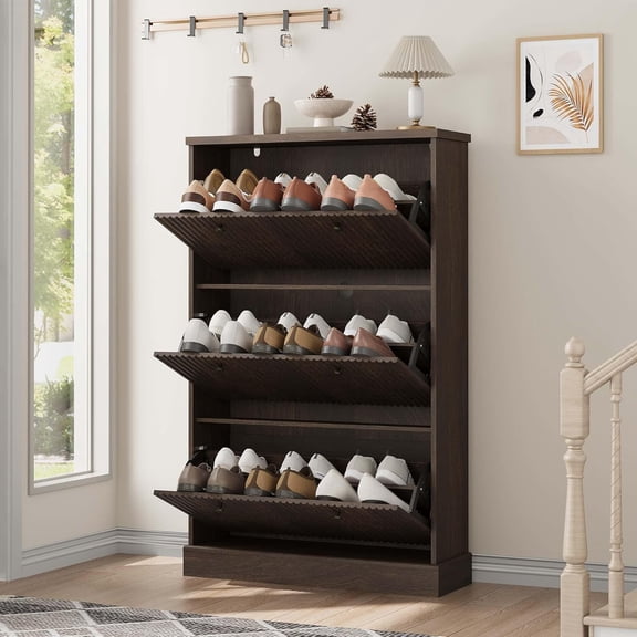 Walnut Wooden Fluted Shoe Cabinet with 3 Flip Drawers, Adjustable Shelf, Freestanding Storage for Entryway, Hallway, Living Room