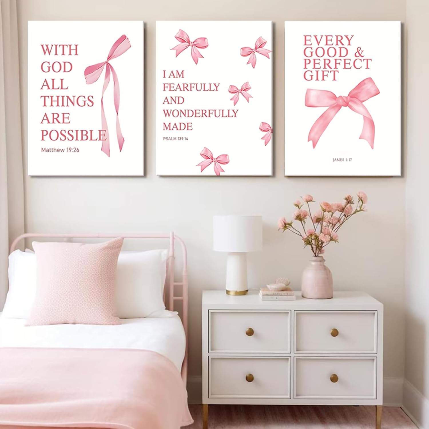 Coquette Pink Bow Canvas Wall Art Set of 3, Inspirational Bible Verses Decor Posters Pictures Prints Aesthetic for Girls Room College Apartment Living Room Bedroom Framed 12x16 Inch
