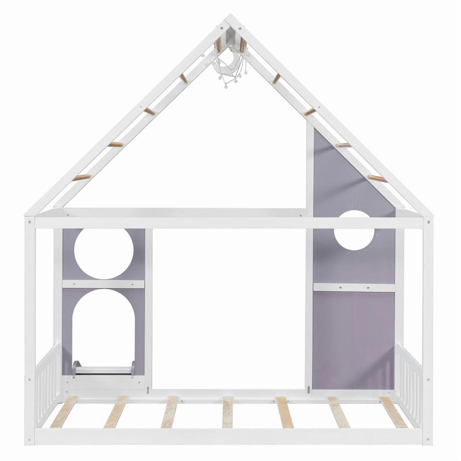 Twin Size Kids House Bed with Small Slide, Wooden Playhouse Floor Design Platform Bed Frame with Light Strip & Storage Shelf