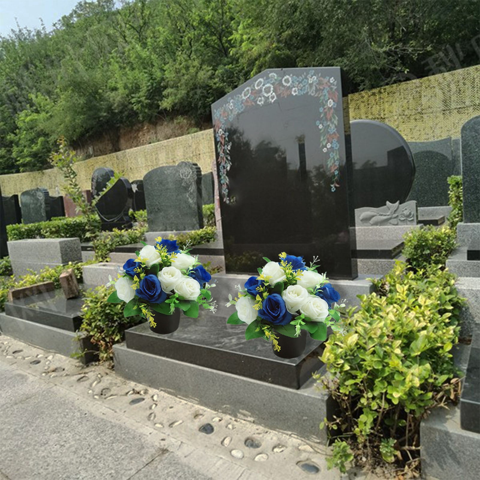 Artificial Cemetery Flowers - 2PCS Memorial Rose Bouquets with Vase - Silk Grave Flowers for Headstones - Outdoor UV Resistant Grave Decorations - Red Rose Arrangements