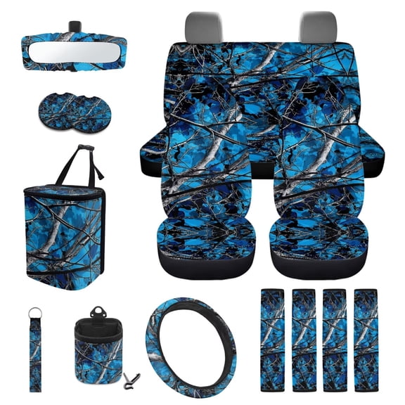KUIFORTI Blue Camo Car Seat Covers Full Set 15 Pieces Includes Car Steering Wheel Cover Auto Seat Belt Cover Easy Installation Soft Universal Fit Cars SUV Trucks