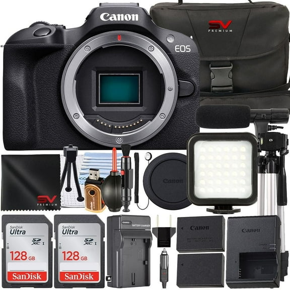 Canon EOS R100 Mirrorless Camera (Body Only) with 2 Pack SanDisk 128GB Memory Card   Case   LED Flash   SV Premium Accessory Bundle (International Version)