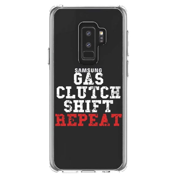 DistinctInk Clear Shockproof Hybrid Case for Samsung Galaxy S9  PLUS (6.2" Screen) - TPU Bumper Acrylic Back Tempered Glass Screen Protector - Gas Clutch Shift Repeat