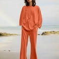 thumbnail image 4 of NSLGXD Womens Cotton Linen 2 Piece Outfits Classic Solid Lounge Sets Long Sleeve Crewneck Tops Drawstring Elastic Waist Wide Leg Pants Suits Matching Sets, 4 of 7