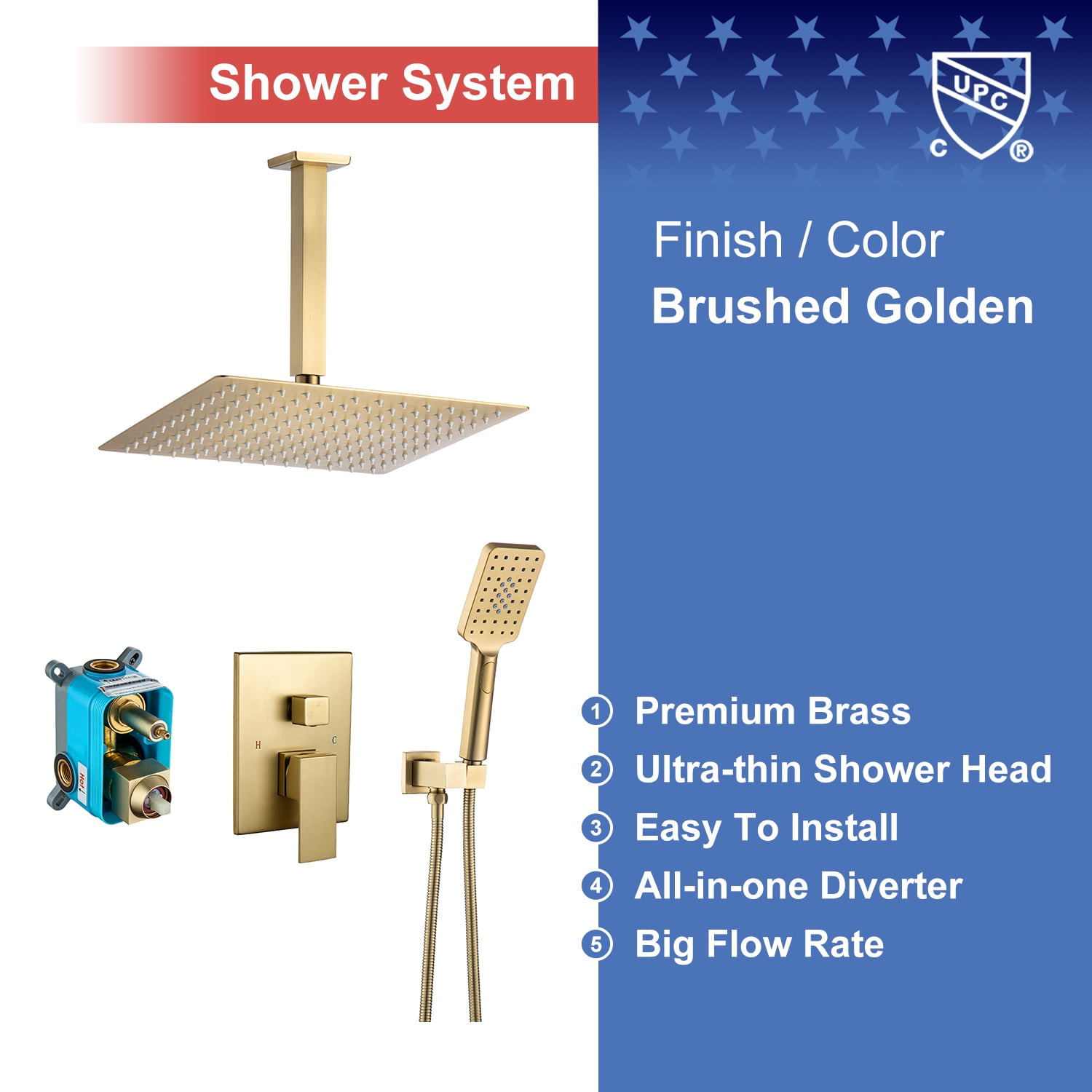 Rainlex One-Handle 1-Spray Setting Brushed Gold Bathtub Shower Faucet