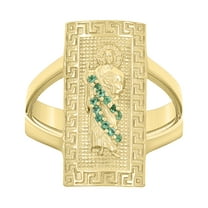10kt Real Yellow Gold Womens Green Cubic-Zirconia Saint Jude Religious Greek Key Patterned Ring