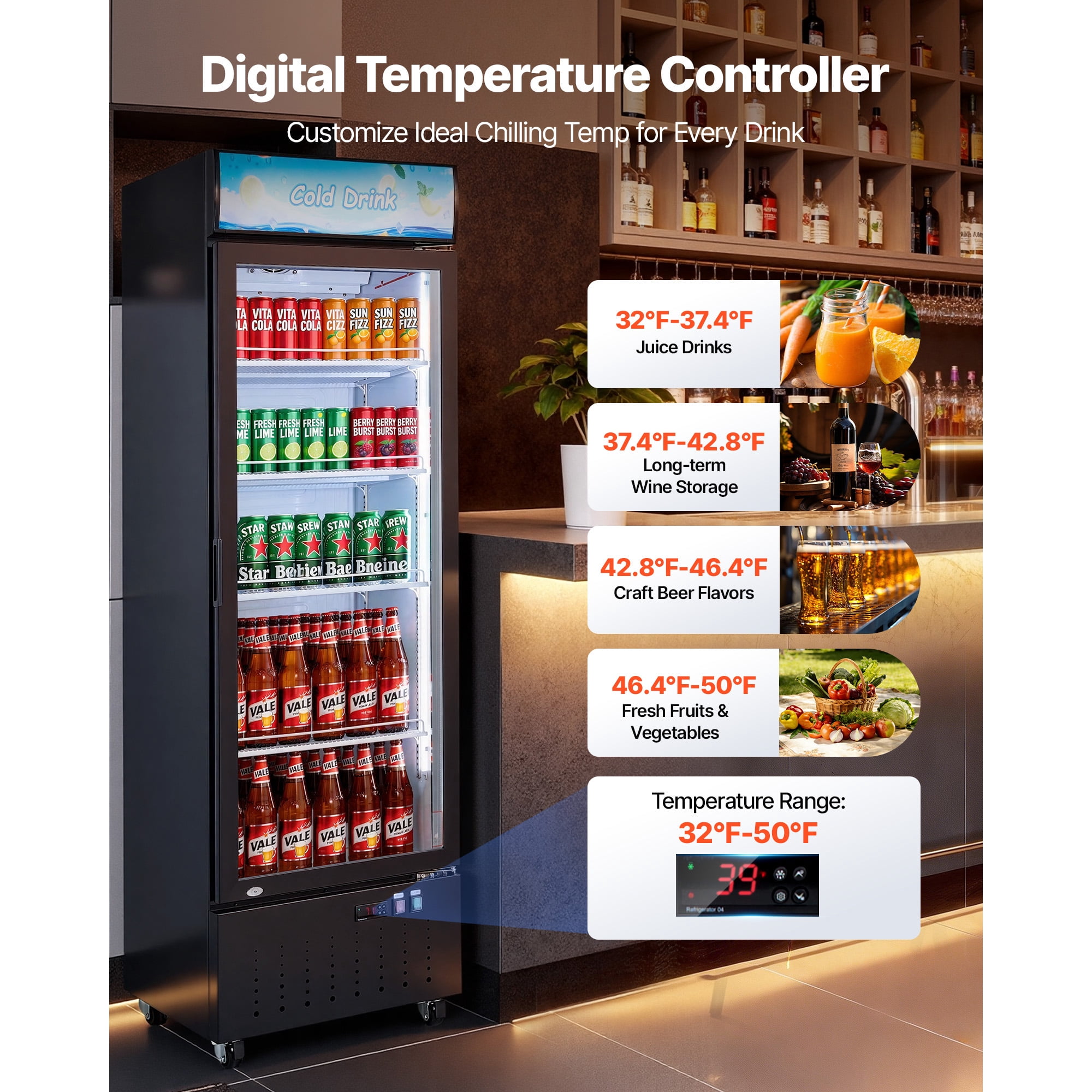 KFFKFF Commercial Glass Door Refrigerator, 12.7 Cu.Ft / 360 L Upright Beverage Cooler with Adjustable Shelves, LED Lighting, and Customizable Lightbox for Home or Retail Use