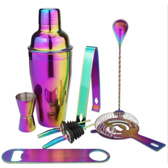 8Pcs Rainbow-Cocktail-Shaker-Set Professional Bartender-Muddler-Kit Stainless-Steel Bar-Tool for Party/Home Rainbow 8 Pcs