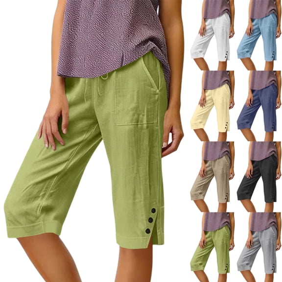 Womens Bermuda Shorts Cotton Linen Knee Length Drawstring Elastic Waist Baggy Capris Loose Summer Beach Shorts for Seniors,Army Green S