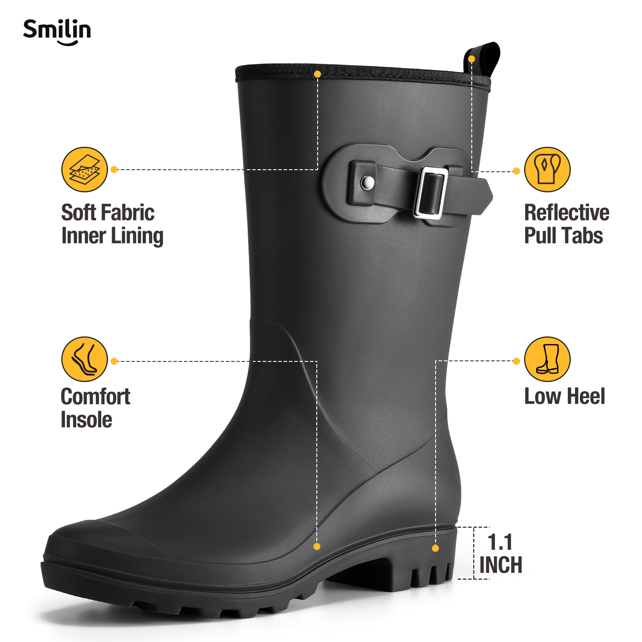 SMILIN Wellington Wide Calf Rubber Rain Boots for Women Black Size 8