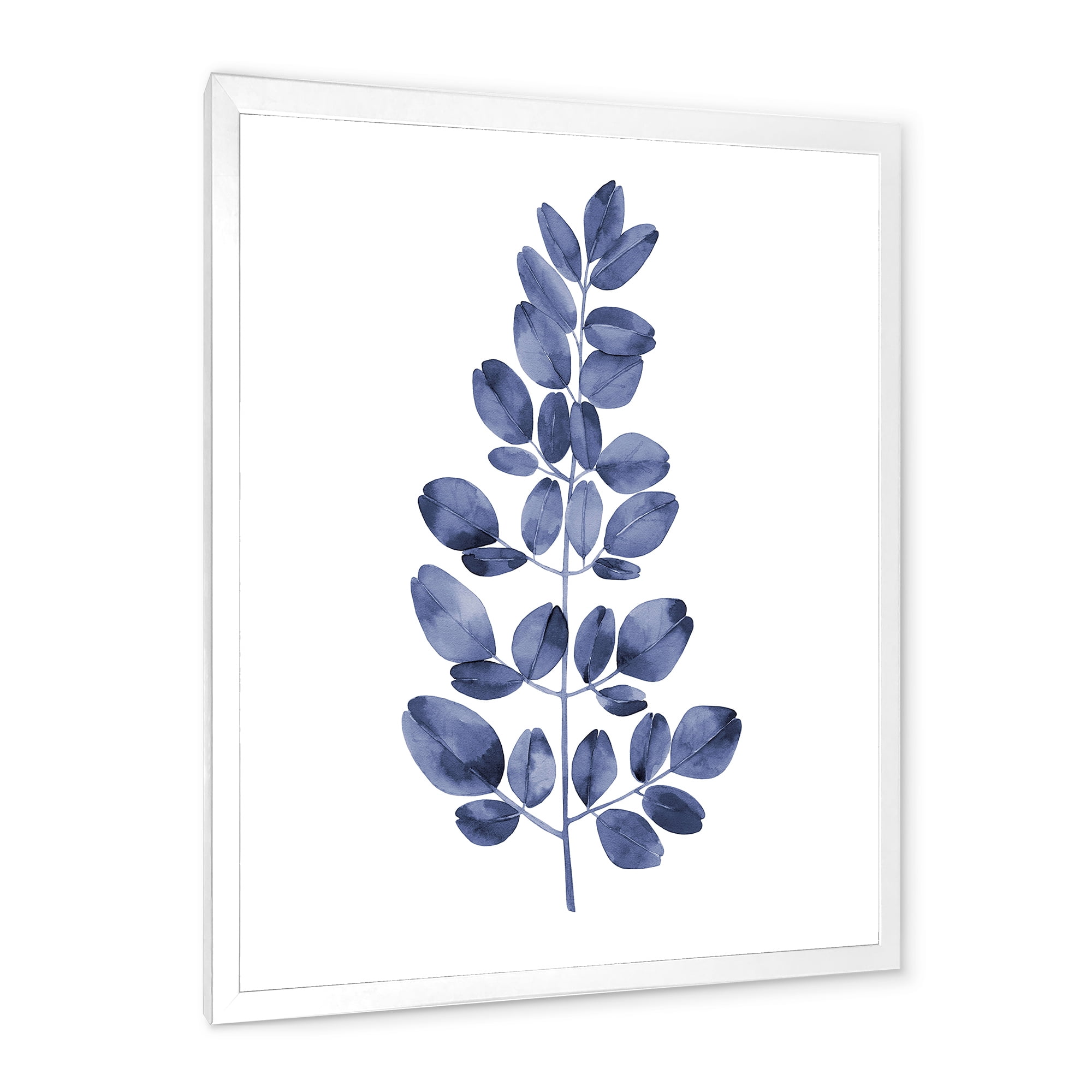 Designart 'Navy Blue Eucalyptus On White' Traditional Framed Art Print