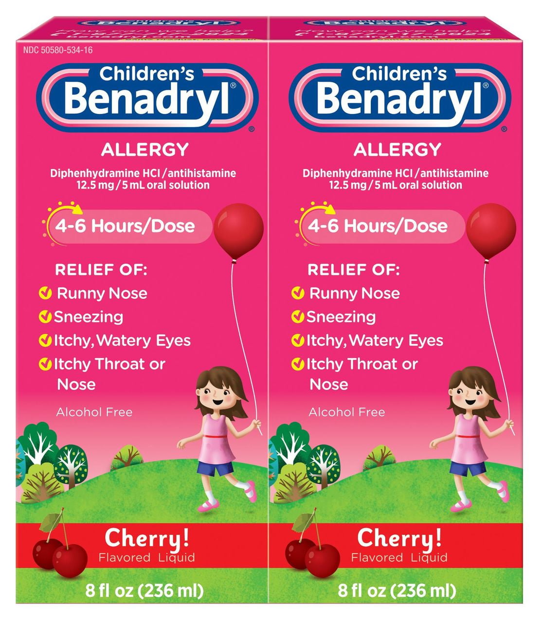 Benadryl Childrens Antihistamine Allergy Liquid, Alcohol Free, Cherry, 2 Pk, 8 oz