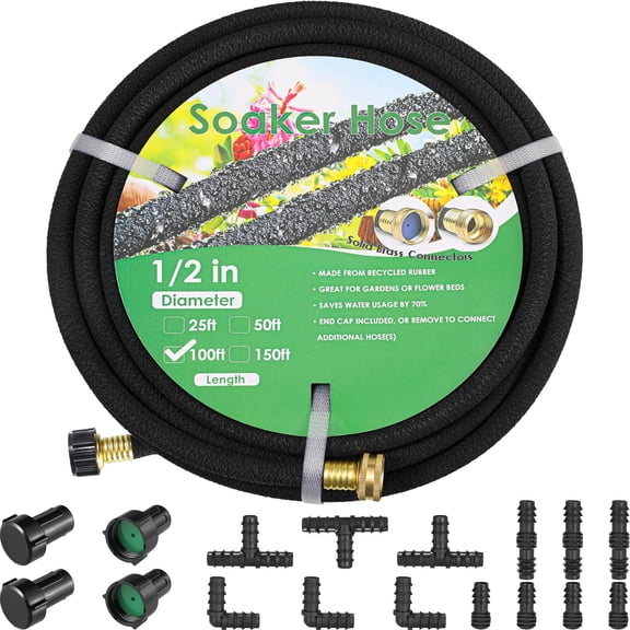 TLGREEN Soaker Hose Kit 100 ft 1/2", Solid Brass Connectors Rubber, Heavy Duty Drip Hose to Save 70% Water, for Garden, Lawn and Yard