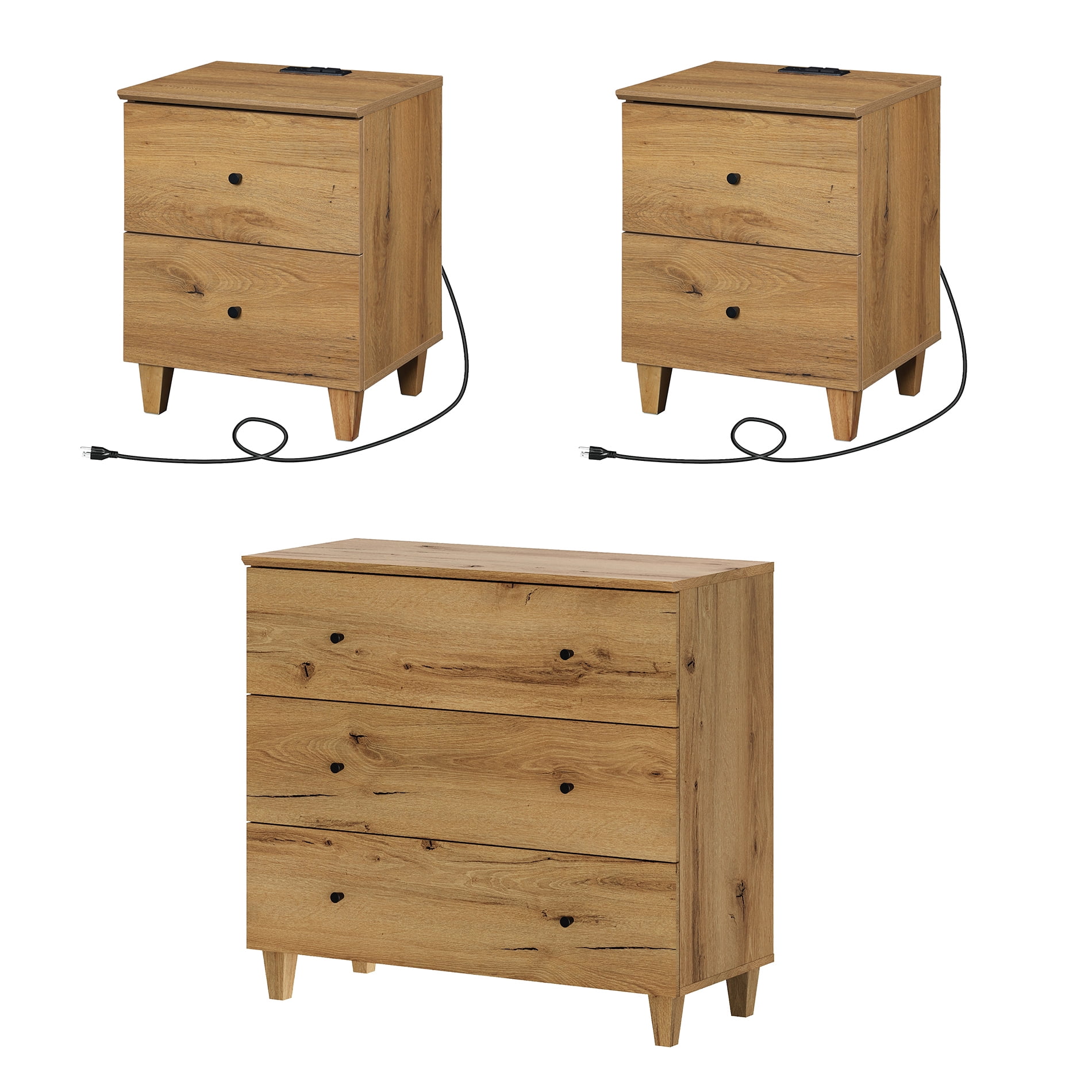 WAMPAT Dresser and Nightstands Set of 3, Wood Dresser with 3 Drawers, 2 Pieces Nightstands with Charging Stations for Living Room, Dark Brown Wood