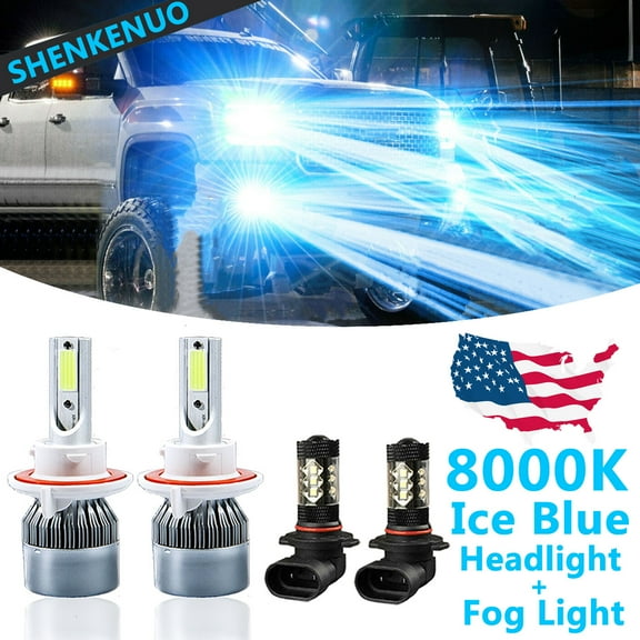 SHENKENUO 4PC Ice Blue 8000K COB LED Headlight Bulbs Fog Driving Light Kit High / Low Beam,Pack of 4,C09