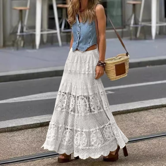 Bnwani Lace Skirt,Women's Skirts,Flare,A-line,Ankle Length,Cutout,White,Free Size