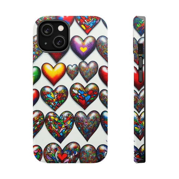 DistinctInk Tough Case for Apple iPhone 13 MINI (5.4" Screen), Compatible with MagSafe Charging - "Vibrant Graffiti Hearts: A Colorful Display"