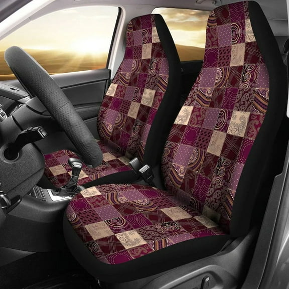 Purple Car Seat Covers Set In Crafty Patchwork Style Printed Pattern Universal Bucket Seat Covers For Most Car and SUV Models