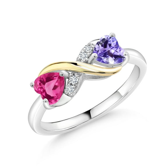 Gem Stone King 1.14 Ct Pink Created Sapphire Blue Tanzanite 925 Silver and 10K Yellow Gold Ring