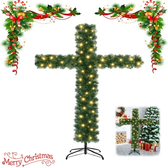 6Ft Cross Christmas Tree, Foldable Cross Christmas Tree, Pre-Lit Artificial Pine Christmas Cross, with Light String, White Scarves and Wooden Rattan Ring, Large Christmas Decorations