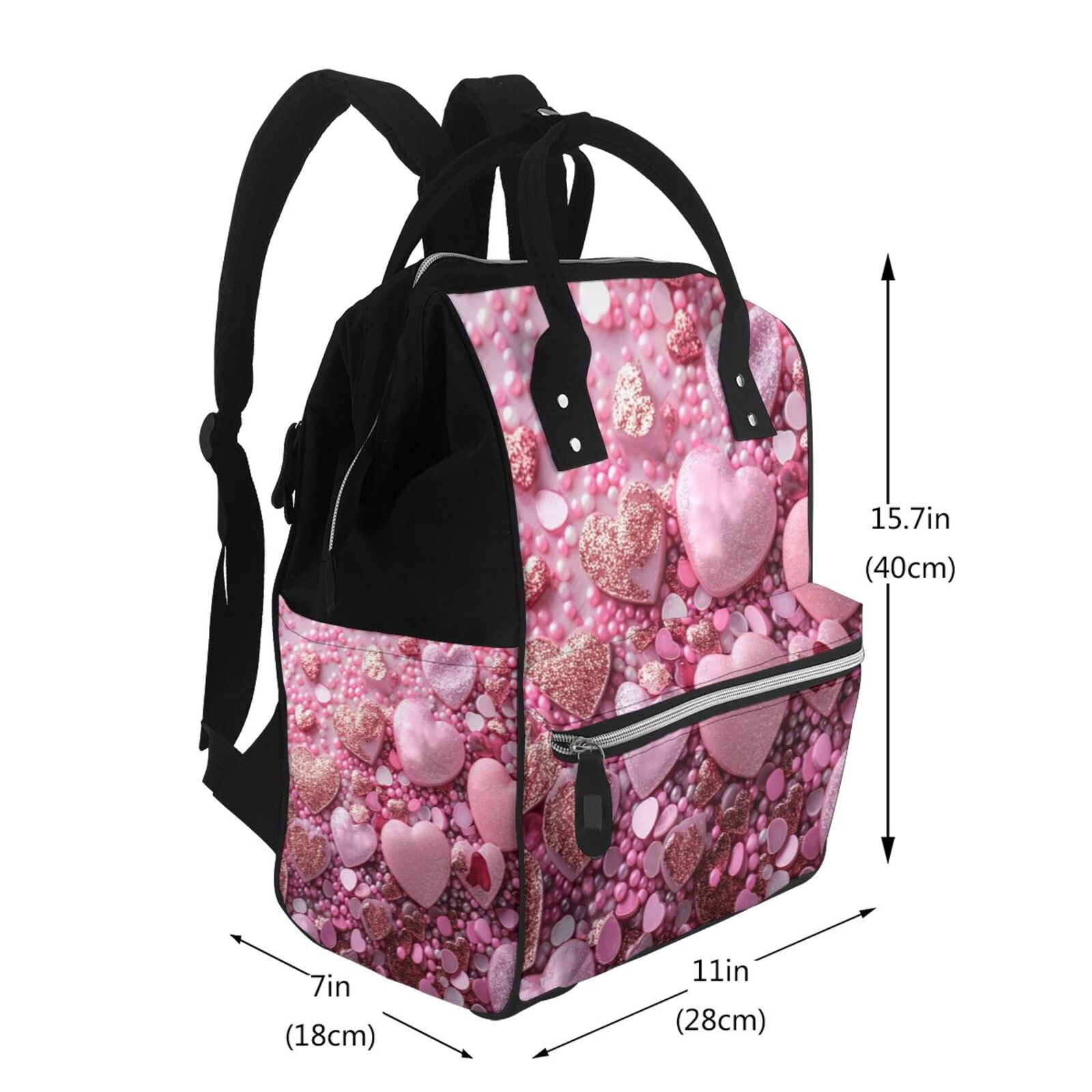 Fuzoiu Pink Glitter Heart Candy Print Diaper Bag Backpack,Baby Essentials Travel Tote,Multi function Waterproof Diaper Bag, Travel Essentials Baby Bag - Unisex