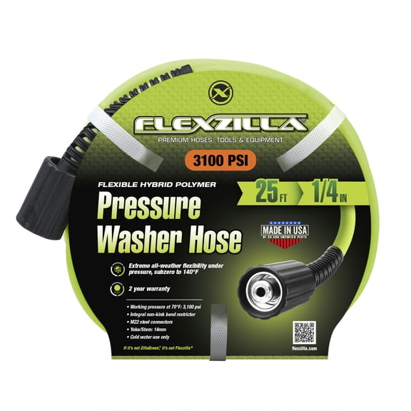 Flexzilla® Pressure Washer Hose, 1/4" x 25’, 3100PSI, M22 Fittings, ZillaGreen™