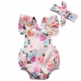 thumbnail image 1 of Baby Girls Flying Sleeve Flower Open Back Romper + Bow Headband Clothes Set, 1 of 9