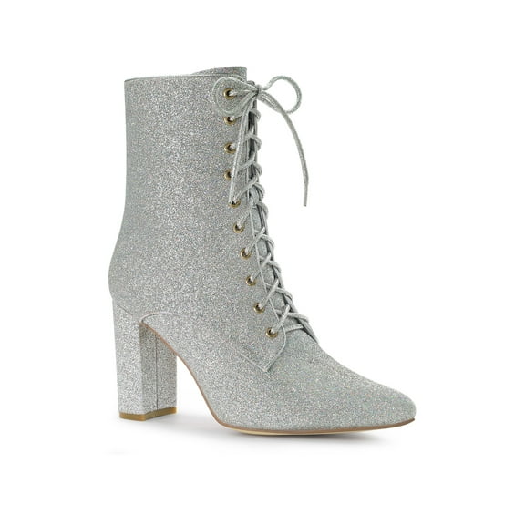 BLISSFUL STEP Women's Pointy Toe Block Heel Glitter Ankle Boots Silver 7