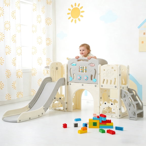 Shengchao Trade 11 in 1 Toddler Slide, Kids Slide for Toddler Age 1-3 with Basketball Hoop, Kids Slide Playset Structure, Toy Storage Organizer for Toddlers, Kids Climbers Playground,Gray