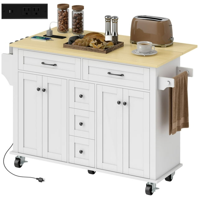 HOMCOM 55" Kitchen Island with Power Outlet & Drop Leaf Kitchen Cart White