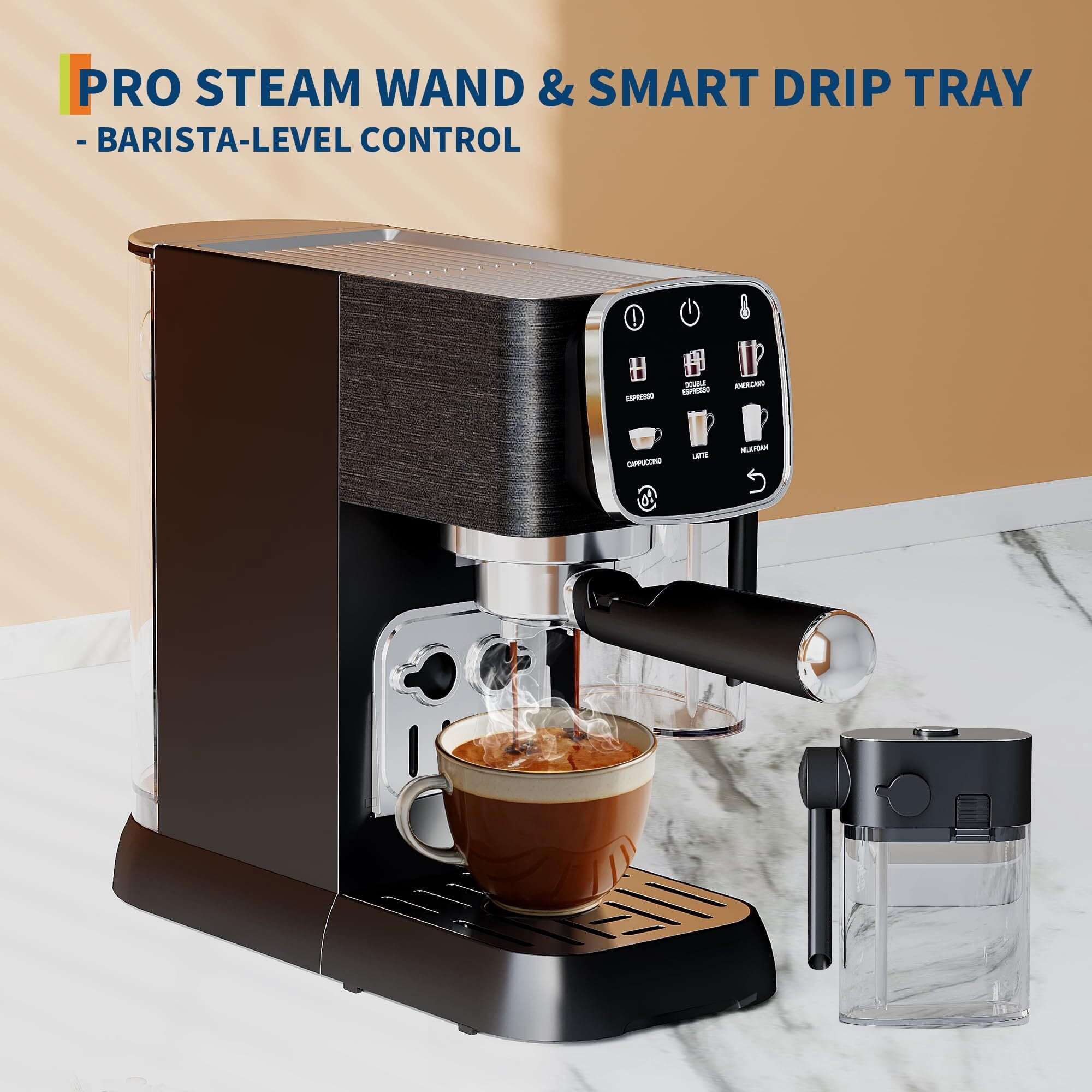 Garvee 20 Bar Professional Espresso Machine, Slim Coffee Maker with Milk Frother and Touchscreen for Homes, Office, 1350W, Black, New