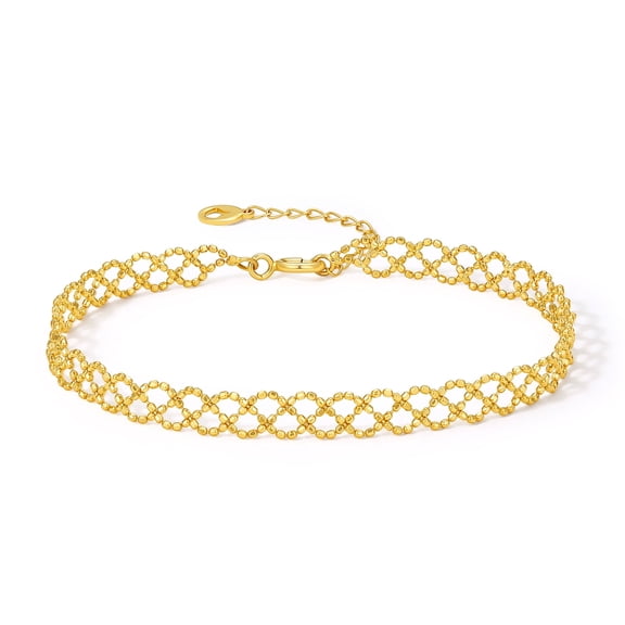 ZHOU LIU FU 18K Gold Beaded Link Adjustable Bracelet Dainty Lace Mesh Style Chain for Women 6-7"