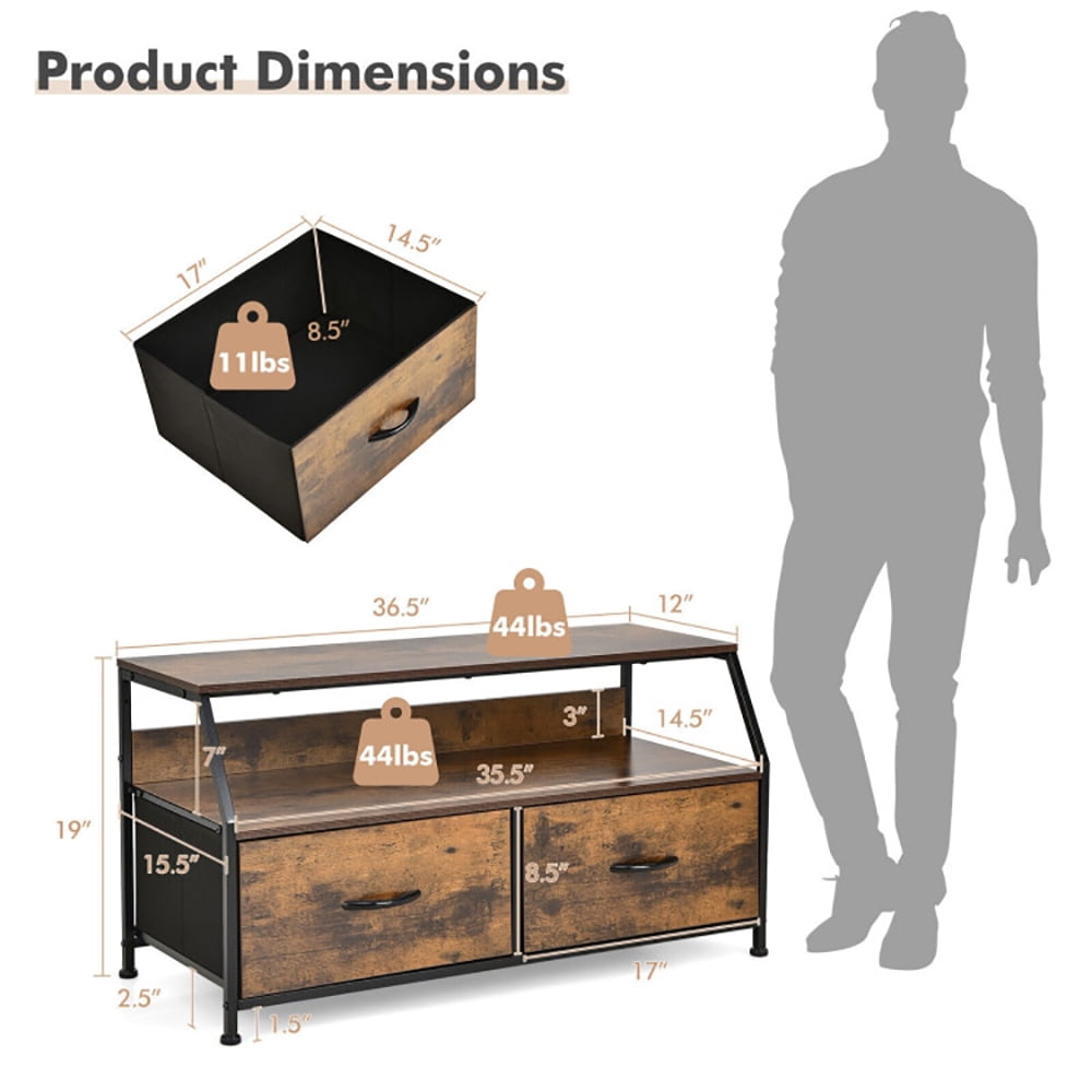 Finihen TV Stand, TV Cabinet, Dresser TV Stand with 2 Folding Fabric Drawers and Open Shelves, for Living Room, Bedroom, Rustic Brown