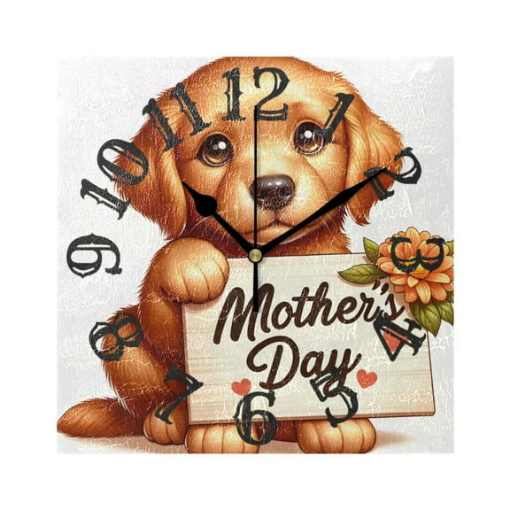 Mother's Day Puppy Dog Wall Clock Square Silent Non Ticking Battery Operated Clock for Home Bathroom Kitchen Bedroom Living Room