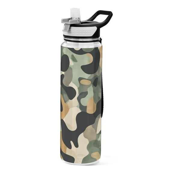 32oz Transparent Sports Water Bottle with Straw for Kids Adults Outdoor School Gym Fitness Earthy Tones Camouflage Pattern