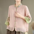 thumbnail image 5 of Womens 3/4 Sleeve Vintage Tops Cotton Linen Floral Embroidered Blouses Fall Fashion Retro Chinese Frog Button Shirt M-4XL, 5 of 6