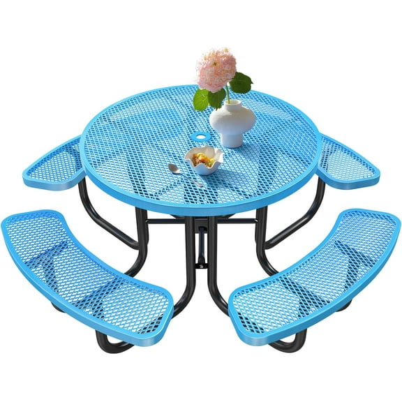 Esheno Commercial-Grade Outdoor Picnic Table 46in Circle Top 8-Person 4 Benches W Umbrella Hole Blue