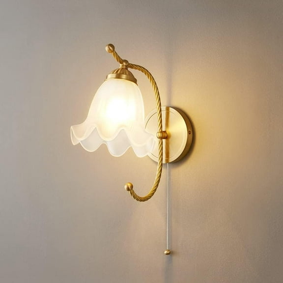 Nordic Wall Light Elegant Wall Sconce with Pull Chain Switch, Flower Glass Wall Lamp Shade Copper Wall Mount Lighting Fixture, Bedroom Bedside Living Room E14 Wall Sconces