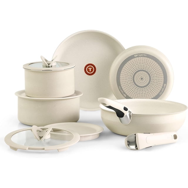 T-FAL, Ingenio Essentials, Pots and Pan Set, Granite Titanium Non Stick, 11 Piece, Detachable Handle Cookware, Oven Broiler Safe 500F, Stackable, Frying Pans, DiYANTONasher Safe, RV, Beige