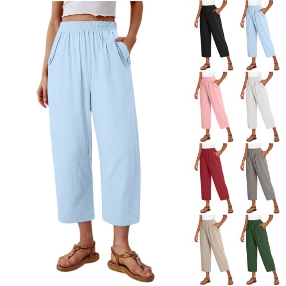 Bloomae Women's Cropped Lounge Pants Cotton Linen Lightweight Elastic High Waist Capris Pant with Button Decor Pockets Summer Casual Loose Capri Trousers