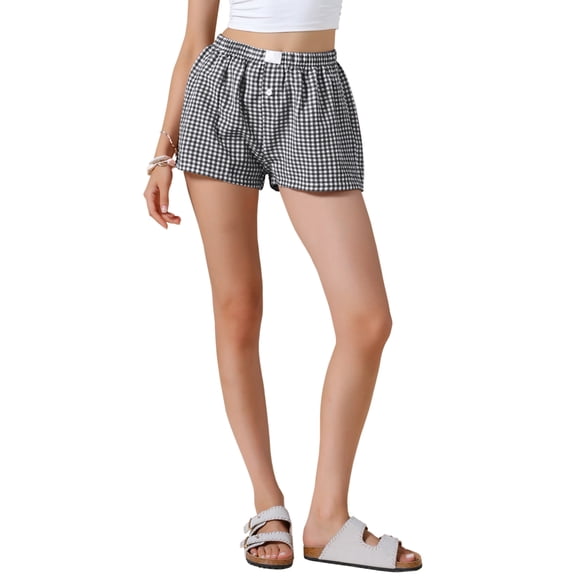 Gingham Shorts for Women Buttons Comfy Breathable Beach Summer Casual Shorts S Black