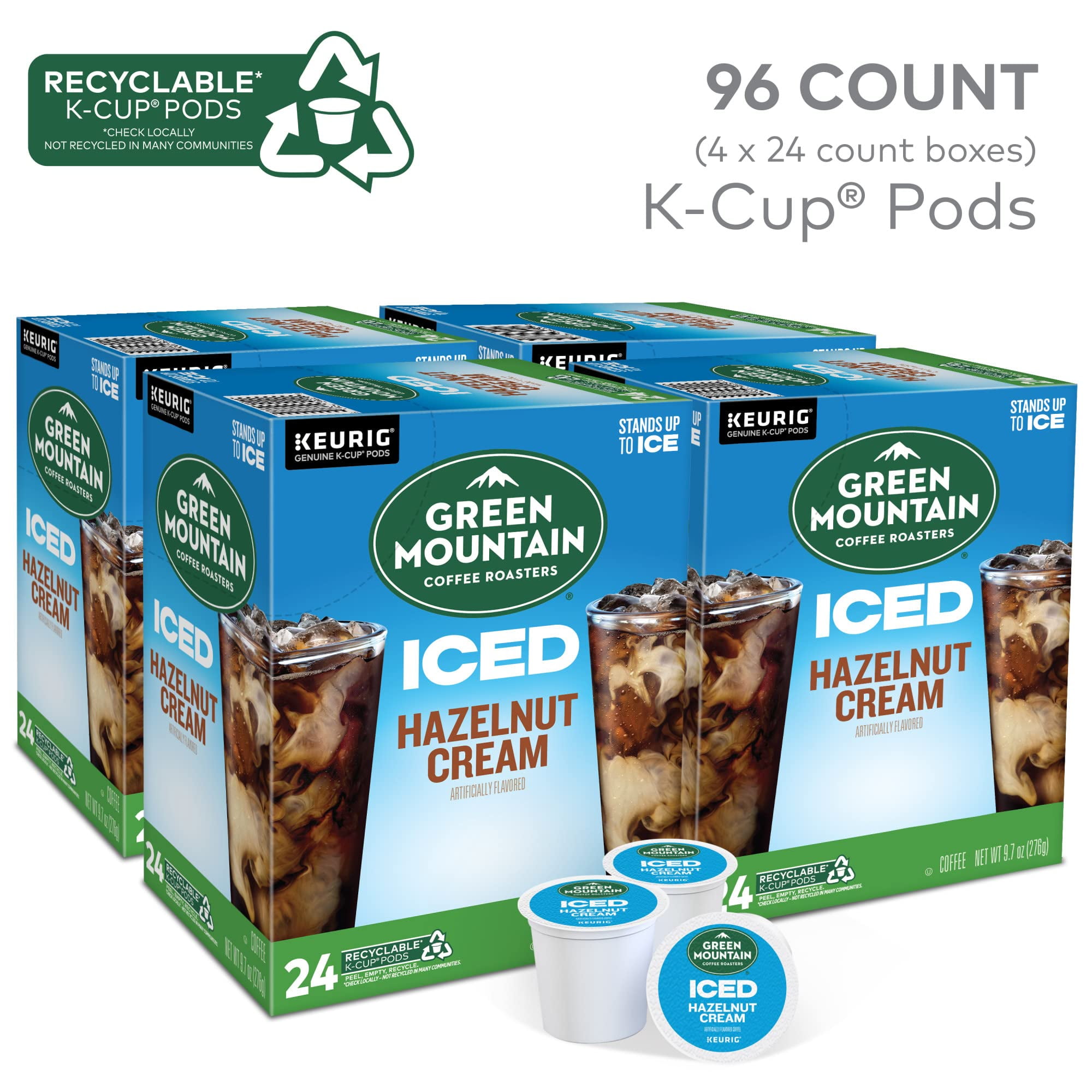 Green Mountain Coffee Roasters ICED Hazelnut Cream, Single Serve Keurig K-Cup Pods, Flavored Iced Coffee, 96 Count (4 Packs of 24)