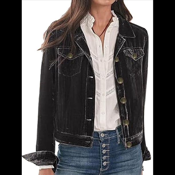 Chaqueta de Terciopelo de Larga de Color Liso para Mujer, Abrigo Corto Informal con Hebilla y Bolsillos. Negro S