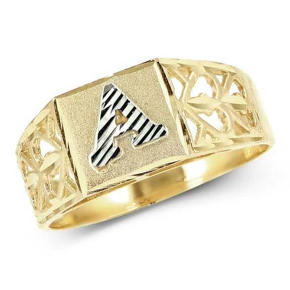 LoveBling 10K Yellow Gold Diamond Cut Ladies Alphabet Initial Ring, Block Lettering (A, 9)